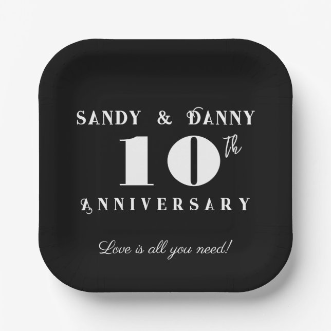 Custom 10th Anniversary script black white modern  Paper Plates (Front)