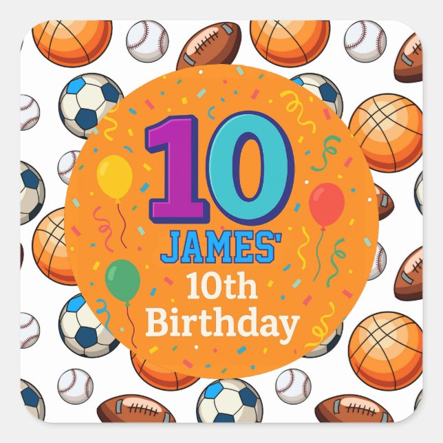 Custom 10th Birthday Sports Theme Stickers (Front)