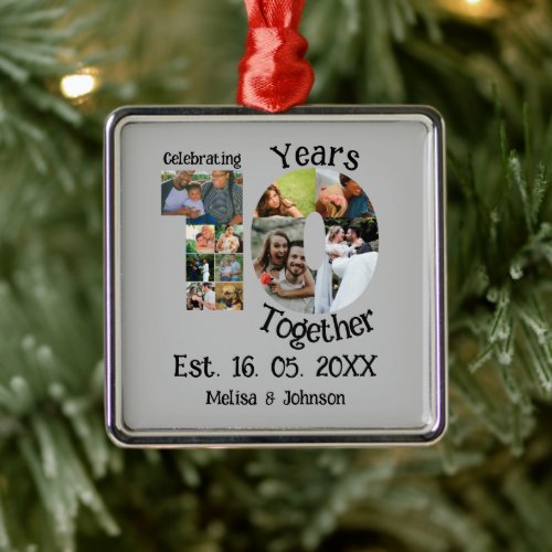 Custom 10th wedding anniversary 11 photo collage metal ornament