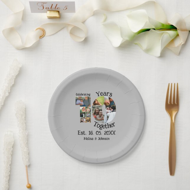 Custom 10th wedding anniversary 11 photo collage paper plates (Wedding)