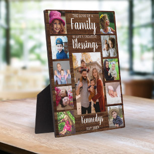 Custom 11 Photo Collage Family Quote Dark Wood Plaque