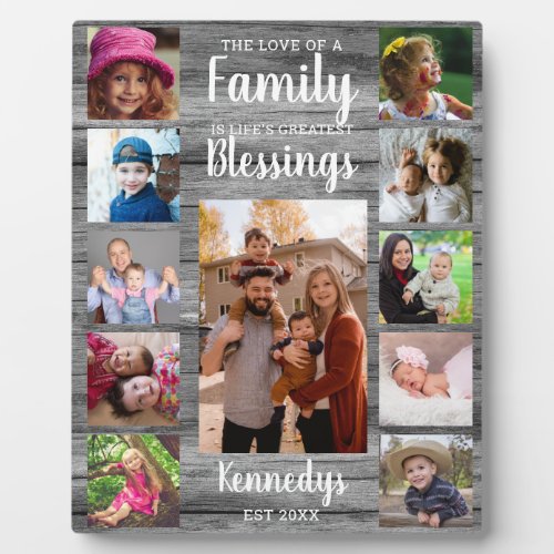 Custom 11 Photo Collage Family Quote Gray Wood  Plaque