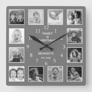 Custom 12 Black And White Photo Collage Gray Square Wall Clock