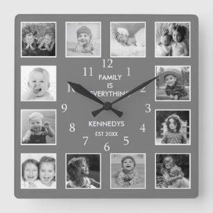 Custom 12 Black And White Photo Collage  Gray Square Wall Clock