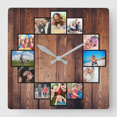 Custom 12 Family Friends Photo Collage Rustic Square Wall Clock