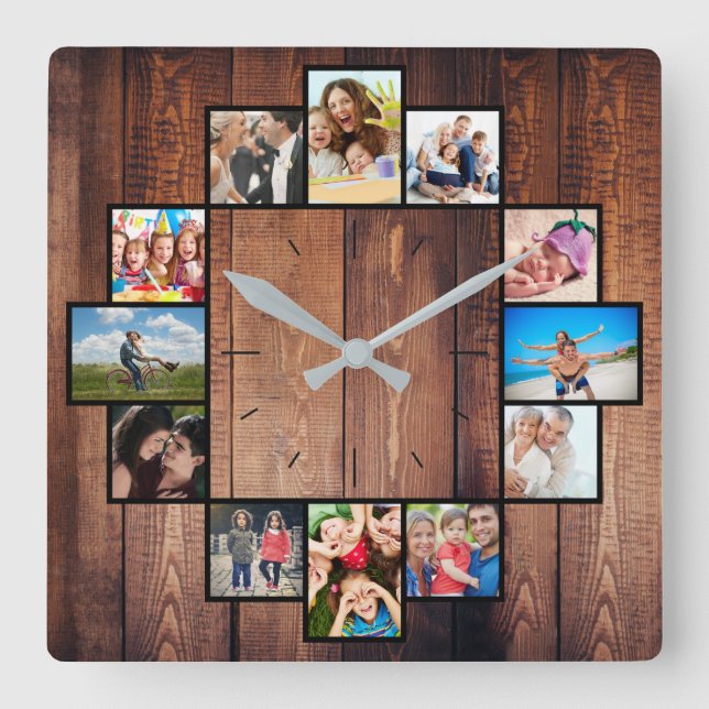 Custom 12 Family Friends Photo Collage Rustic Square Wall Clock (Front)