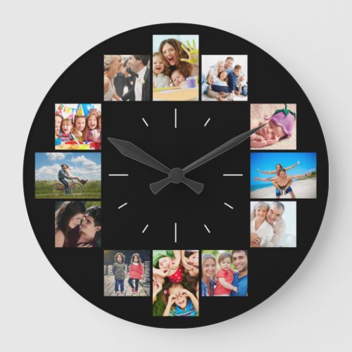 Custom 12 Family Memories Photo Collage Black Large Clock