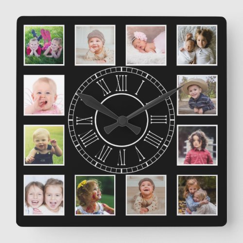 Custom 12 Family Photo Collage Black Roman Numeral Square Wall Clock