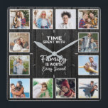 Custom 12 Family Photo Collage Black wooden Square Wall Clock<br><div class="desc">Time Spent With Family is worth every second Square Wall Clock with 16 personalized photos</div>