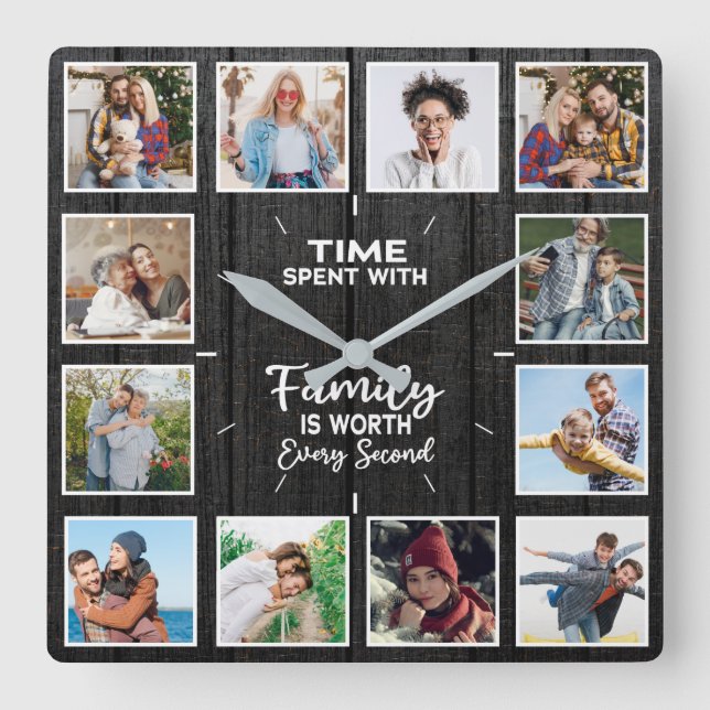 Custom 12 Family Photo Collage Black wooden Square Wall Clock (Front)
