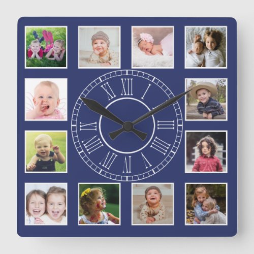 Custom 12 Family Photo Collage Blue Roman Numeral Square Wall Clock