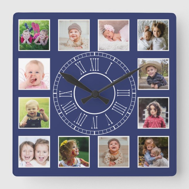 Custom 12 Family Photo Collage Blue Roman Numeral Square Wall Clock (Front)