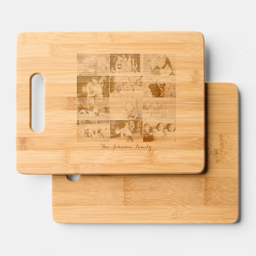 Disover Custom 12 Family Photo Collage Cool Etched Bamboo Cutting Board