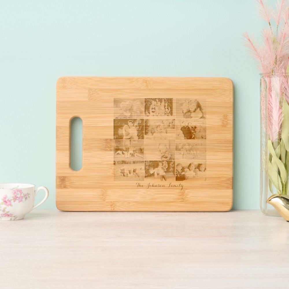 Disover Custom 12 Family Photo Collage Cool Etched Bamboo Cutting Board