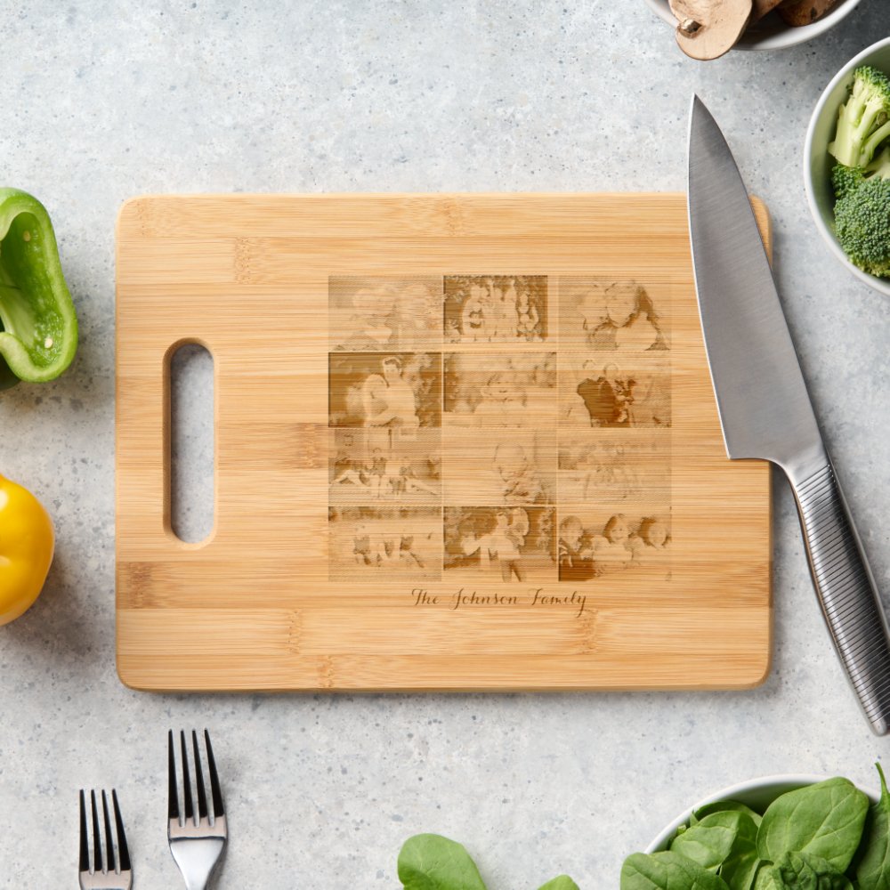 Disover Custom 12 Family Photo Collage Cool Etched Bamboo Cutting Board