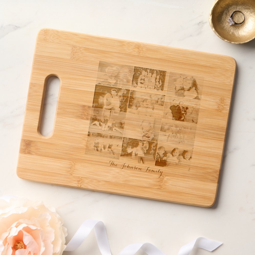 Disover Custom 12 Family Photo Collage Cool Etched Bamboo Cutting Board