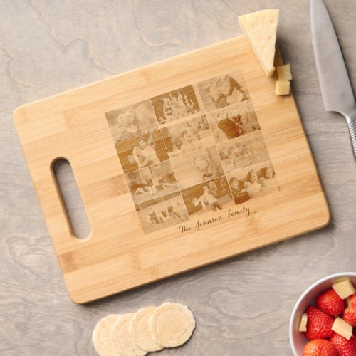 Custom 12 Family Photo Collage Cool Etched Bamboo Cutting Board