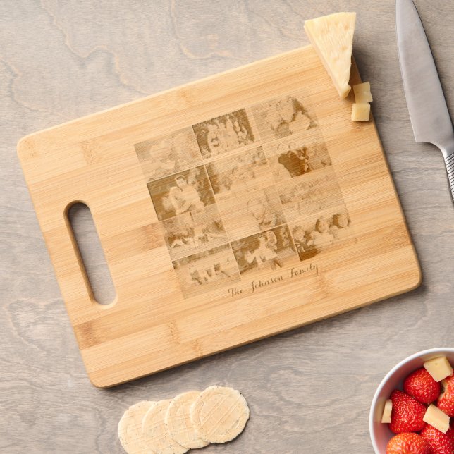 Custom 12 Family Photo Collage Cool Etched Bamboo Engraved Cutting Board (Cheese)