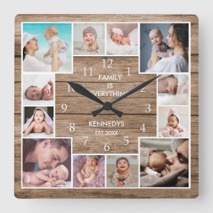 Custom 12 Family Photo Collage Reclaimed Wood Square Wall Clock