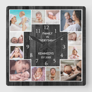 Custom 12 Family Photo Collage Rustic Black Wood Square Wall Clock