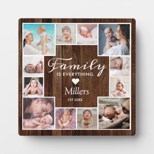 Custom 12 Family Photo Collage Rustic Brown Wood   Plaque