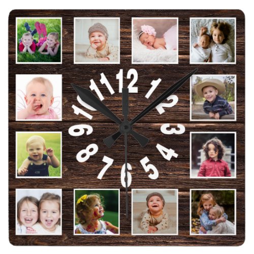 Custom 12 Family Photo Collage Rustic Farmhouse Square Wall Clock