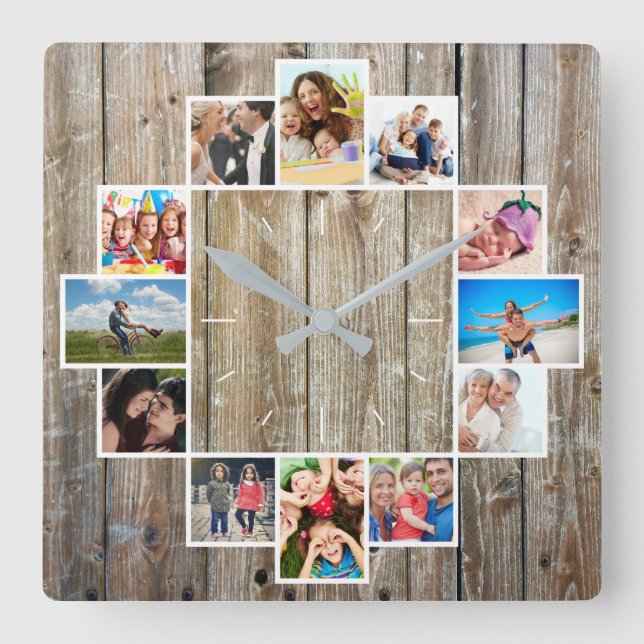 Custom 12 Family Photo Collage Rustic Farmhouse Square Wall Clock (Front)