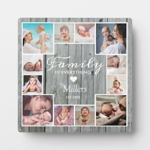 Custom 12 Family Photo Collage Rustic Gray Wood Plaque