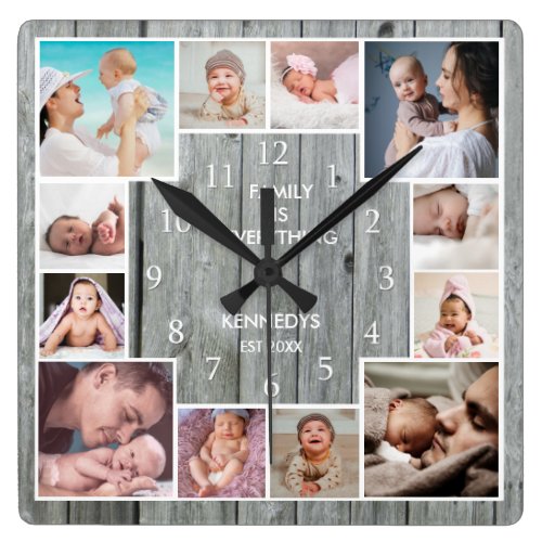 Custom 12 Family Photo Collage Rustic Gray Wood Square Wall Clock