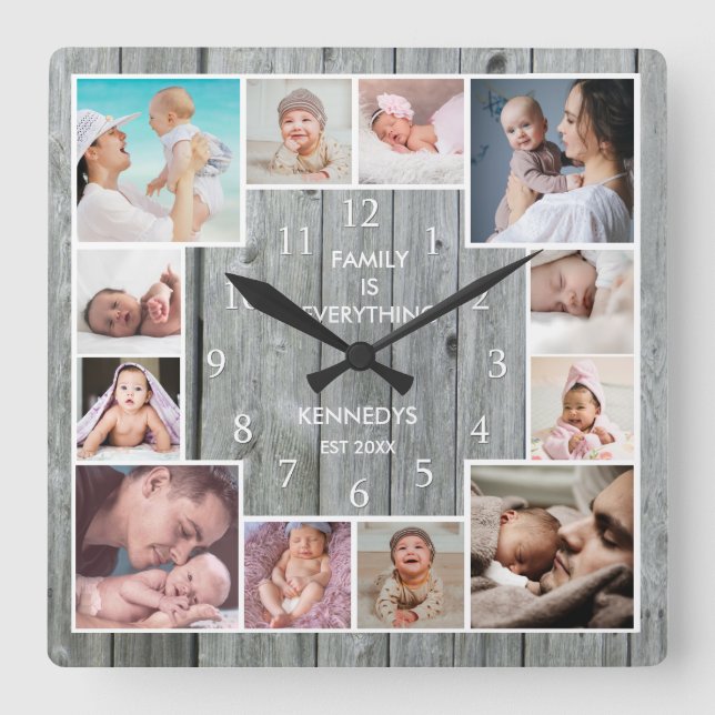 Custom 12 Family Photo Collage Rustic Gray Wood Square Wall Clock (Front)