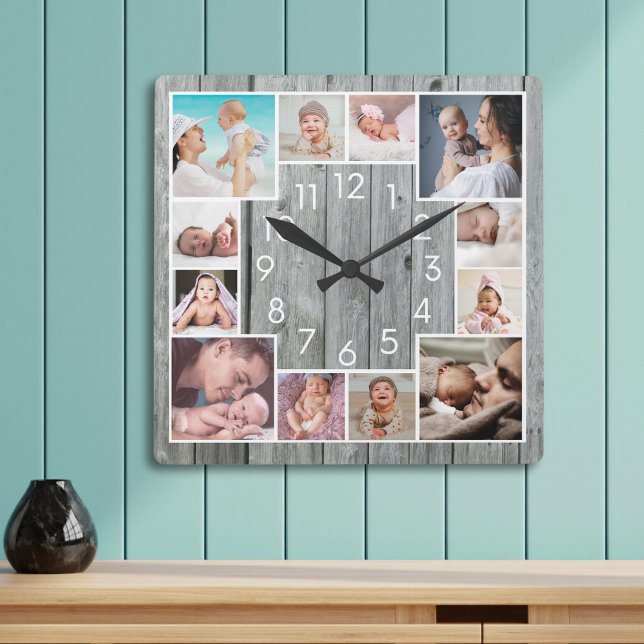 Custom 12 Family Photo Collage Rustic Gray Wood Square Wall Clock (Creator Uploaded)