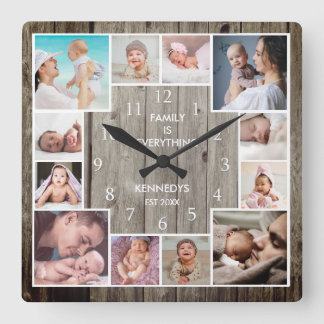Custom 12 Family Photo Collage Rustic Wood Square Wall Clock