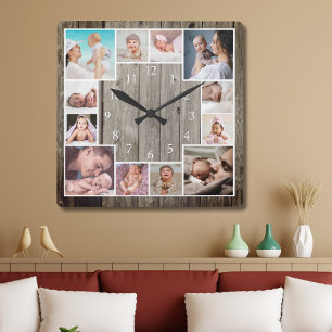 Custom 12 Family Photo Collage Rustic Wood Square Wall Clock