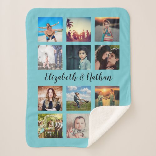 Custom 12 Friends Family Photo Collage Aqua Blue Sherpa Blanket