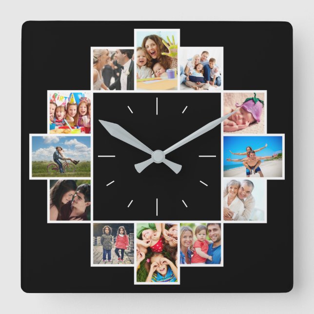Custom 12 Keepsake Memories Family Photo Collage Square Wall Clock (Front)