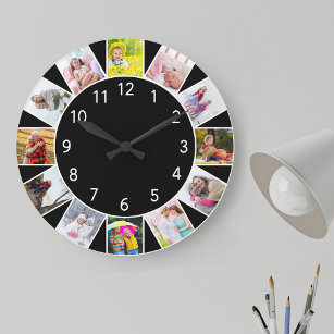 Custom 12 Photo Collage Black Round Large Clock