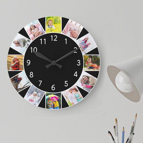 Custom 12 Photo Collage Black Round Large Clock