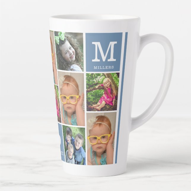 Custom 12 Photo Collage Blue Family Monogram   Latte Mug (Right)
