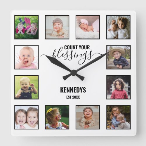 Custom 12 Photo Collage Family Blessing White Square Wall Clock