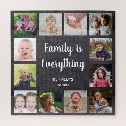 Custom 12 Photo Collage Family Chalkboard Jigsaw Puzzle