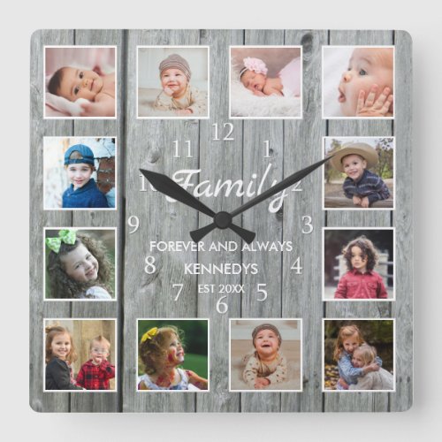 Custom 12 Photo Collage Family Forever Gray Wood Square Wall Clock