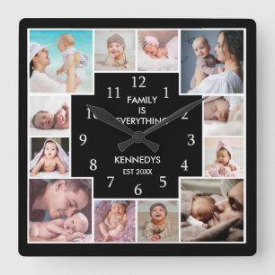 Custom 12 Photo Collage Family is Everything Black Square Wall Clock