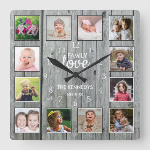 Custom 12 Photo Collage Family Love Gray Wood Square Wall Clock