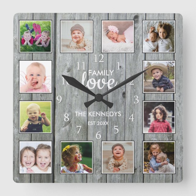 Custom 12 Photo Collage Family Love Gray Wood Square Wall Clock (Front)
