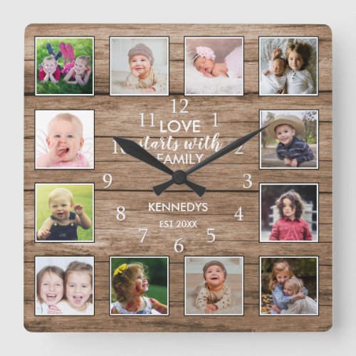 Custom 12 Photo Collage Family Love Quote Wood Square Wall Clock