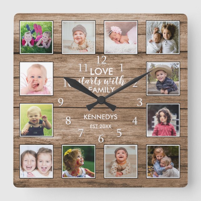 Custom 12 Photo Collage Family Love Quote Wood Square Wall Clock (Front)