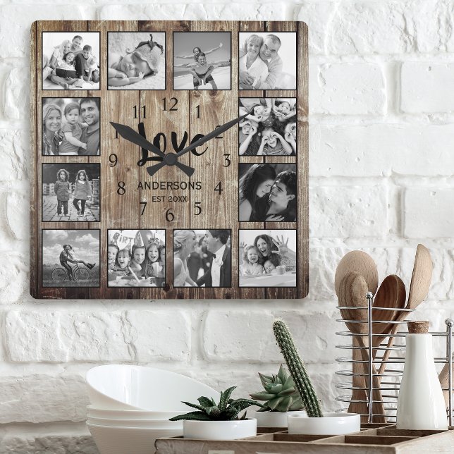 Custom 12 Photo Collage Family Love Reclaimed Wood Square Wall Clock (Creator Uploaded)