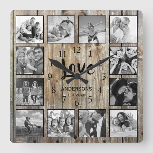 Custom 12 Photo Collage Family Love Reclaimed Wood Square Wall Clock