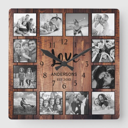 Custom 12 Photo Collage Family Love Reclaimed Wood Square Wall Clock