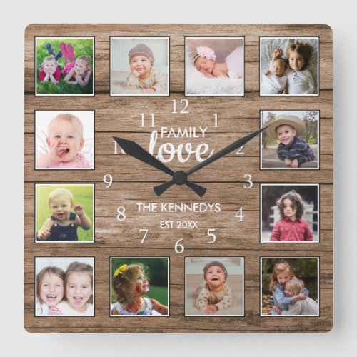 Custom 12 Photo Collage Family Love Rustic Wood   Square Wall Clock